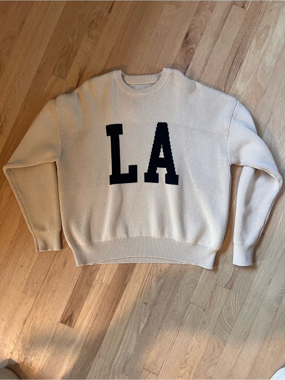 PacSun LA Graphic Knit Sweater Cream Beige Oversized Crewneck Size L